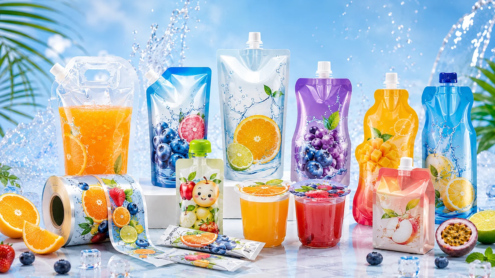Custom juice and beverage flexible packaging with spout pouches, roll film and lidding film