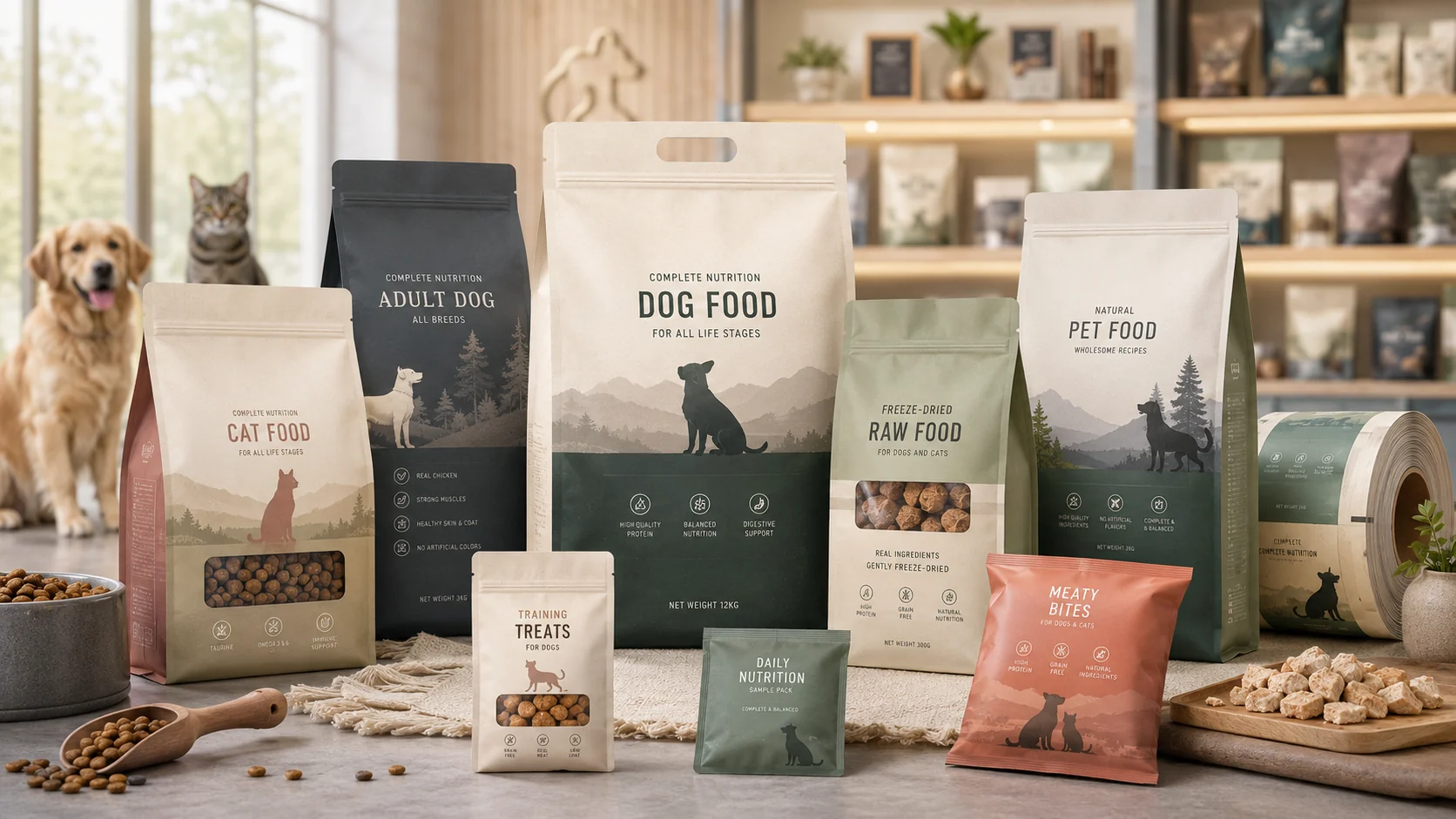 Custom pet food packaging with flat bottom zipper bags, quad seal pouches, treat sachets and roll film
