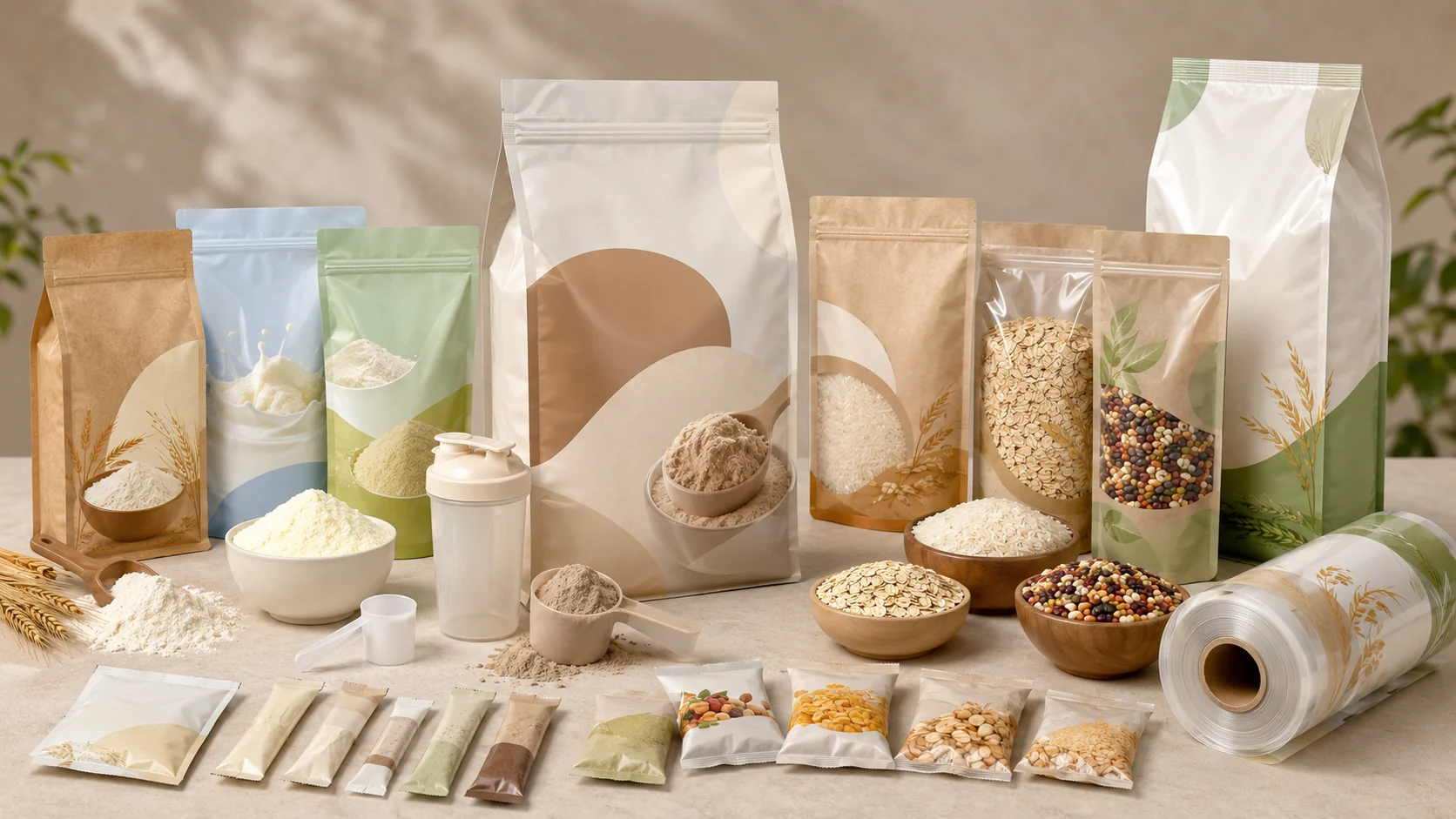 Custom powder and grain packaging with stand up pouches, flat bottom bags, sachets and roll film