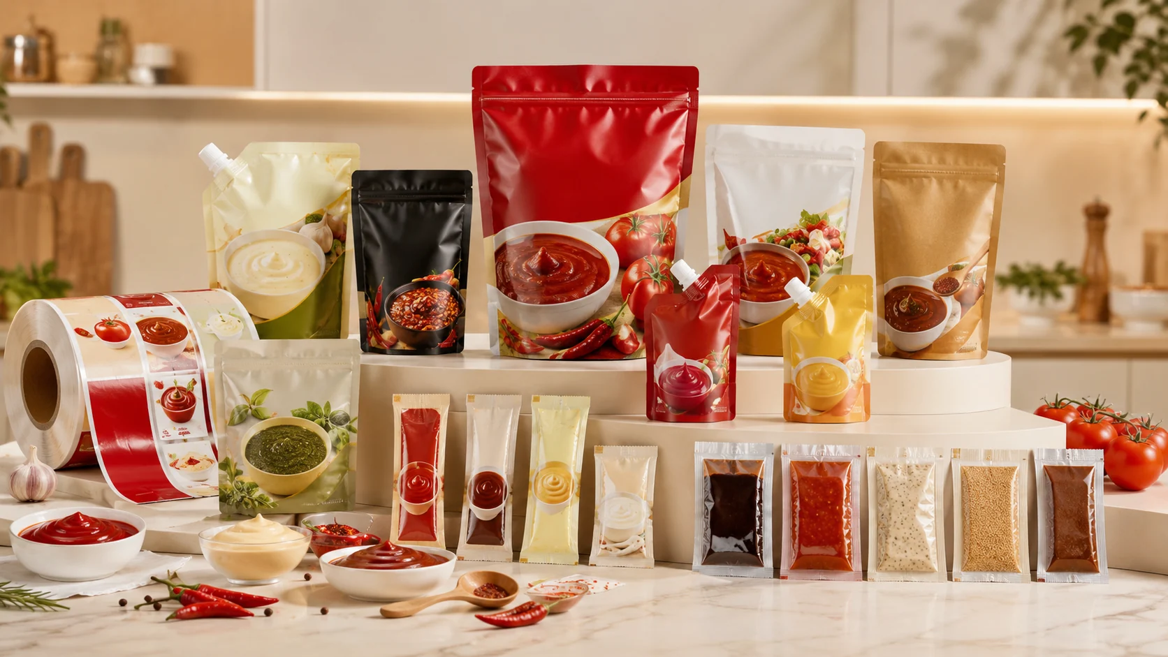 Custom sauce and condiment packaging with spout pouches, stand up pouches, sachets and roll film