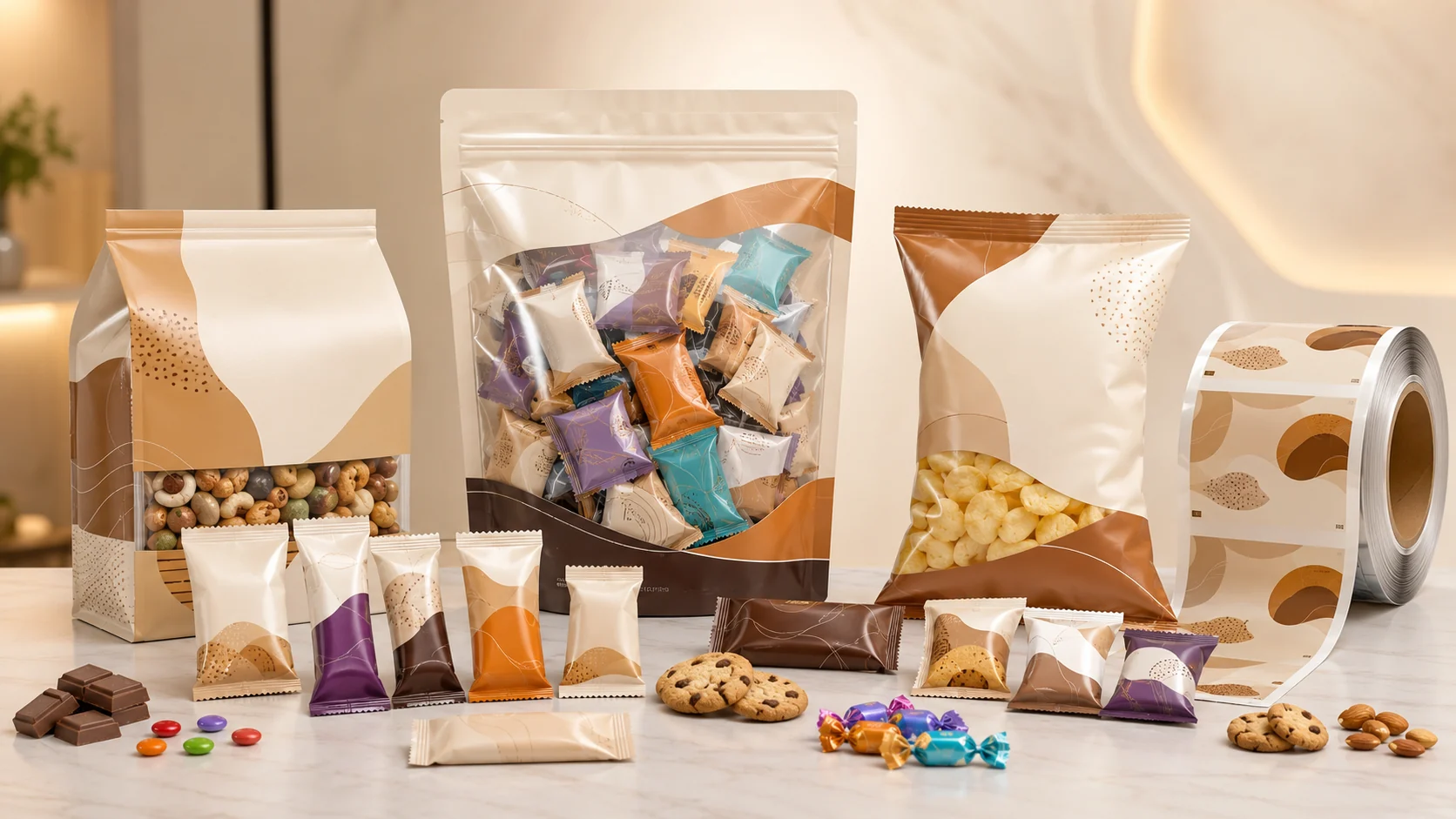 Custom snack and candy packaging with stand up pouches, pillow bags, sachets and roll film