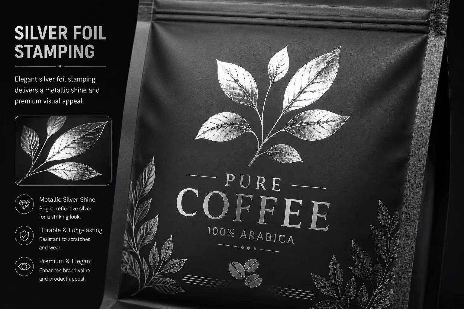 Silver Foil Stamping Surface Treatment for Flexible Packaging Coffee Pouch