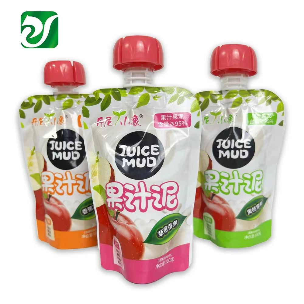 Custom juice puree center spout pouches with red caps for beverage packaging