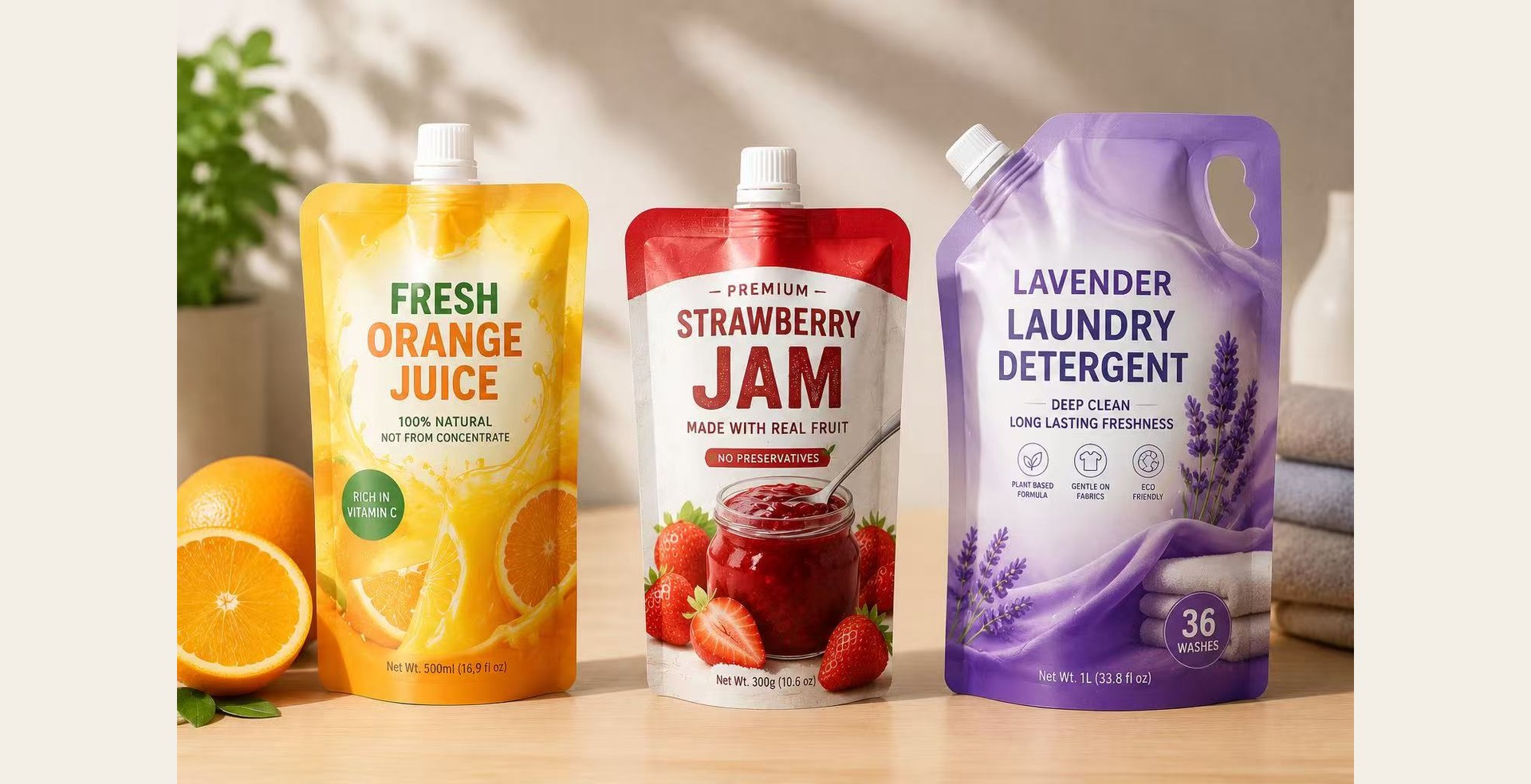 Custom spout pouch hero image showing juice, jam and detergent spout pouch packaging