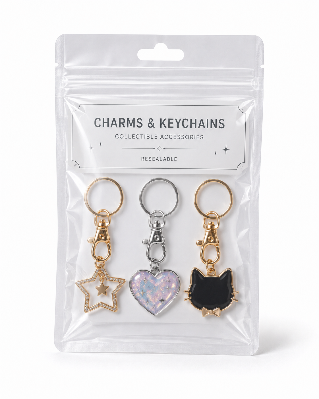 Clear resealable hang hole pouch packaging for charms and keychains