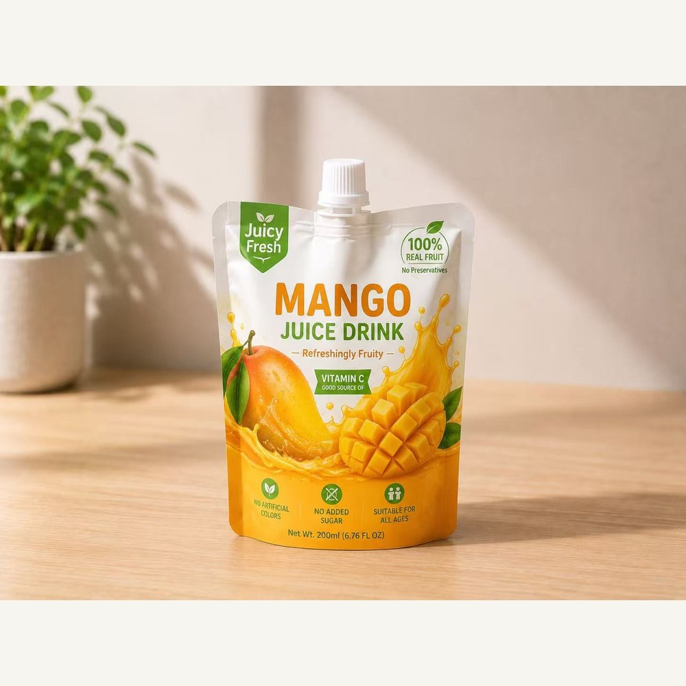 Beverage spout pouch application for mango juice drink packaging