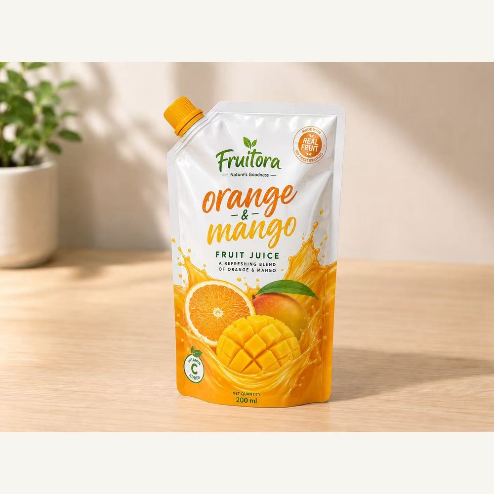Juice spout pouch application for orange mango beverage packaging