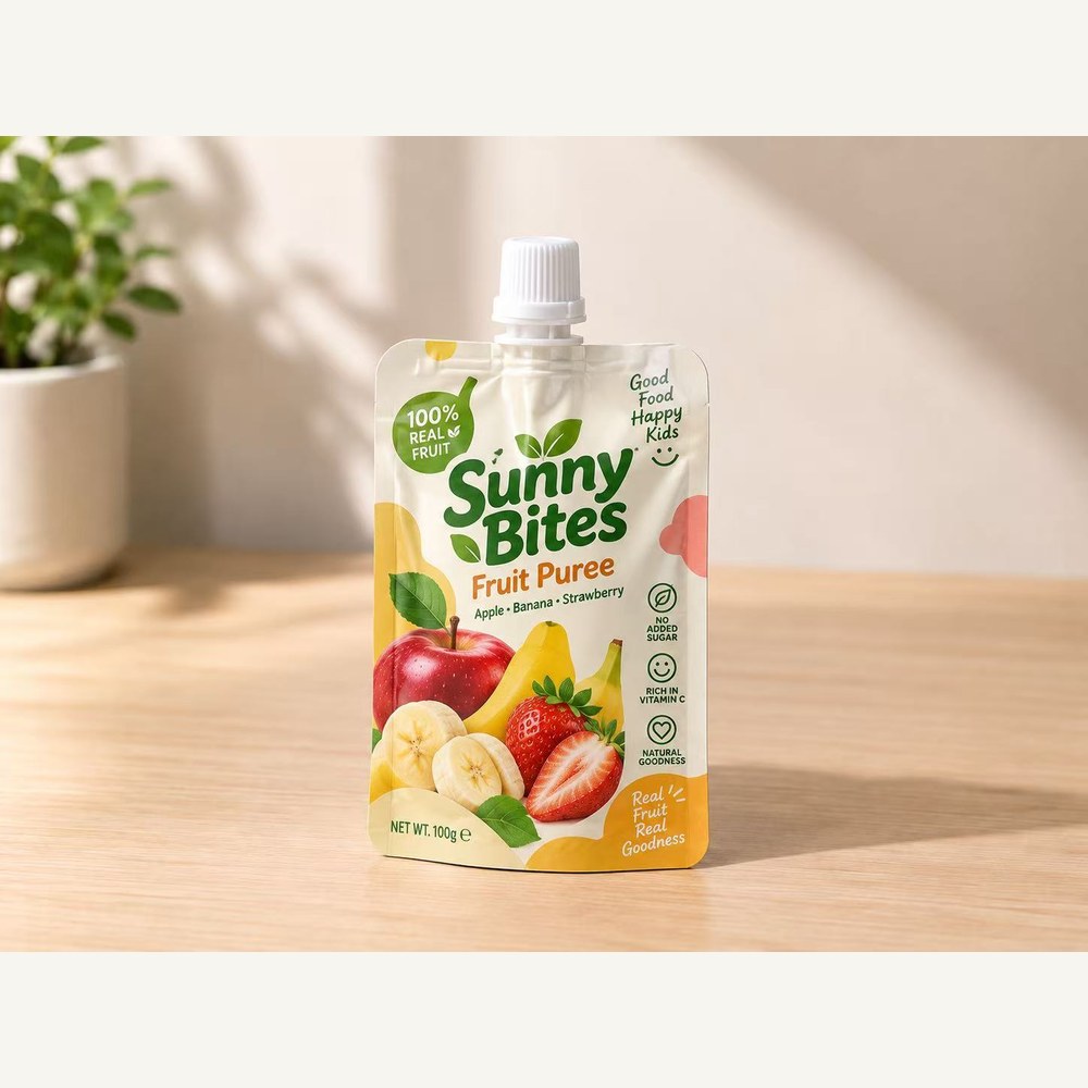 Fruit puree spout pouch application for apple banana strawberry packaging