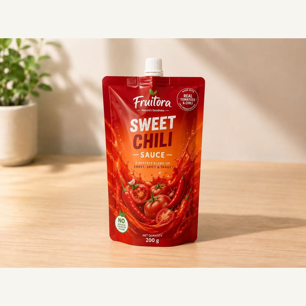 Sauce spout pouch application for sweet chili condiment packaging