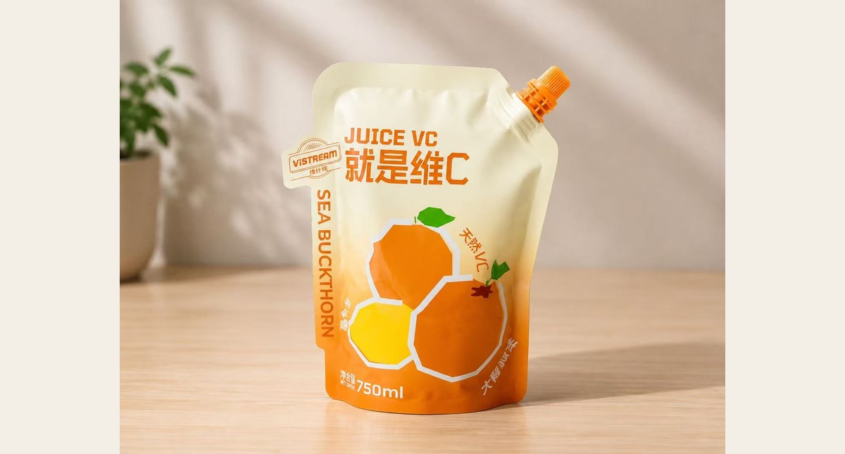 Corner spout pouch case for orange vitamin juice packaging