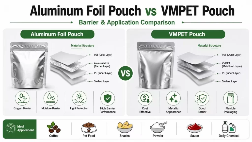 Aluminum foil pouch vs VMPET pouch barrier and application comparison for coffee, pet food, snacks, powder, sauce and daily chemical packaging