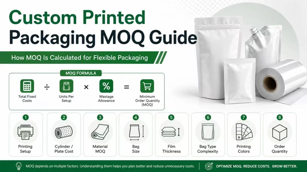 Custom printed packaging MOQ guide showing how minimum order quantity is calculated for flexible packaging bags and roll film