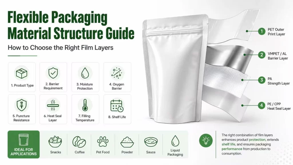Flexible packaging material structure guide showing PET outer print layer, VMPET or aluminum barrier layer, PA strength layer and PE or CPP heat seal layer