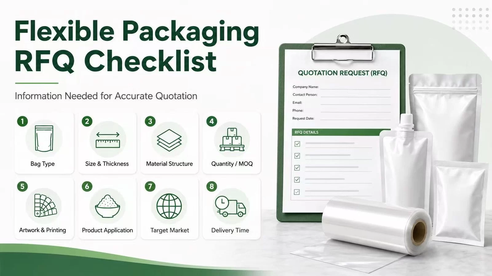 Flexible packaging RFQ checklist showing bag type, size, material structure, quantity, artwork, application, target market and delivery time for accurate quotation