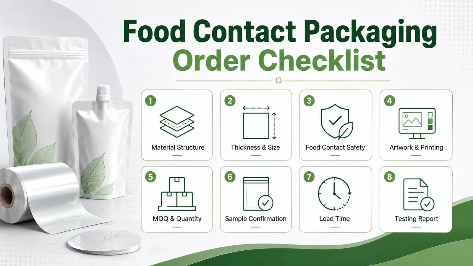 Food contact flexible packaging order checklist with material structure, size, safety, printing, MOQ and testing report icons