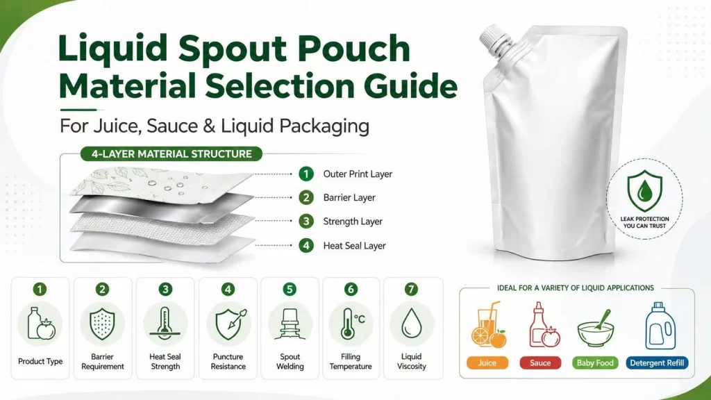 Liquid spout pouch material selection guide for juice, sauce and liquid packaging showing barrier layer, heat seal layer, puncture resistance, spout welding and filling conditions