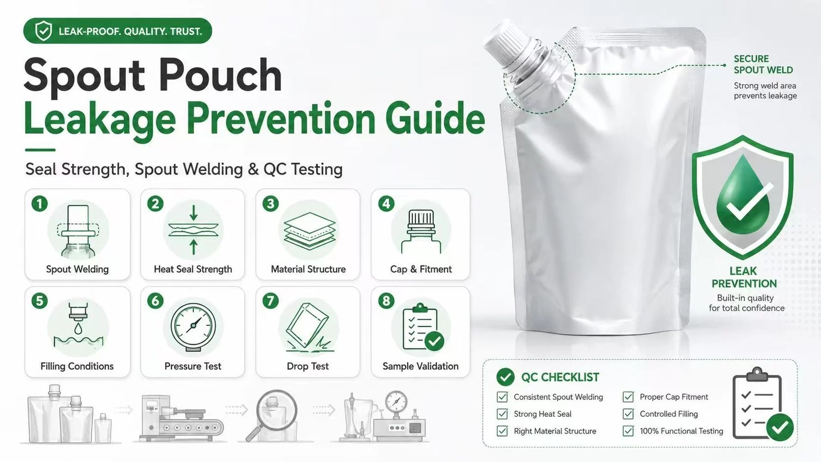 Spout pouch leakage prevention guide showing spout welding, heat seal strength, material structure, cap fitment, pressure test, drop test and sample validation