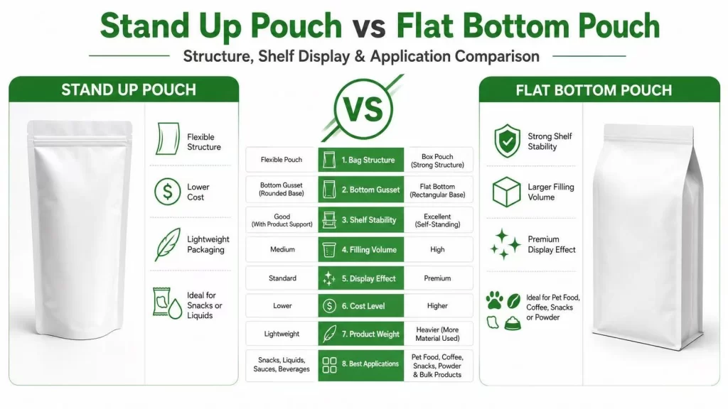 Stand up pouch vs flat bottom pouch comparison guide showing structure, shelf stability, filling volume, display effect, cost level and best applications