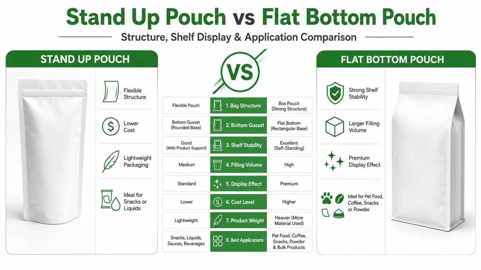 Stand up pouch vs flat bottom pouch comparison guide showing structure, shelf stability, filling volume, display effect, cost level and best applications